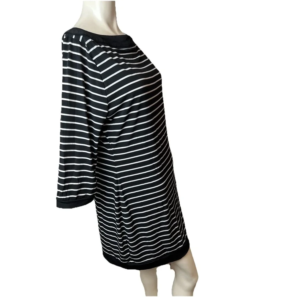 White House Black Market Tunic Dress L Black White Stripes Boat Coastal 3/4 Slv